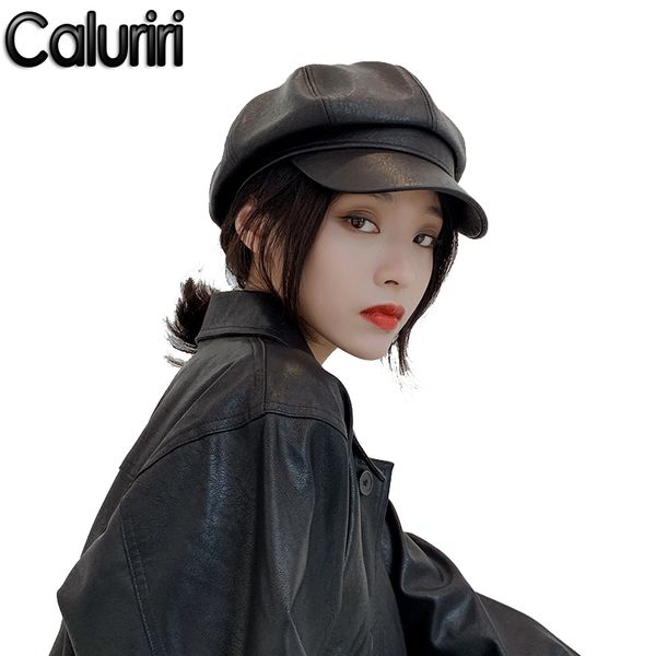 

stingy brim hats caluriri winter women's pu leather british style retro sboy caps octagonal cap female beret visor, Blue;gray