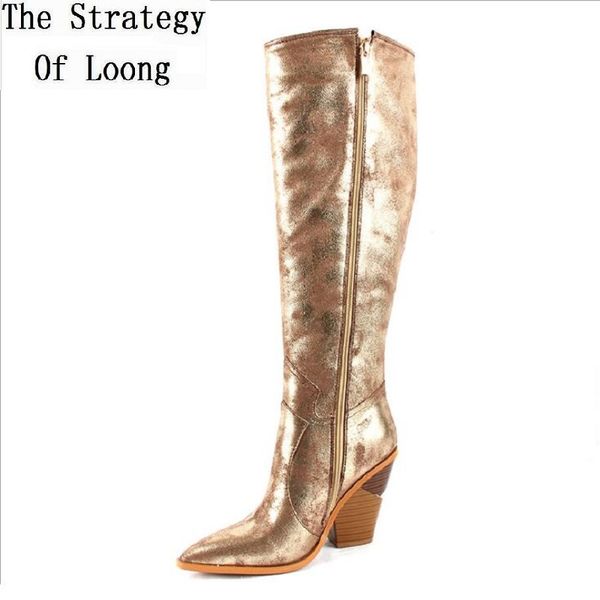 

spring autumn fashion women bling pointed toe knee-high western boots lady block high heels long golden wedges boots 191113, Black
