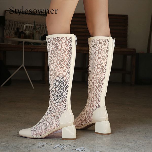 

stylesowner novelty lace woman long boots spring autumn zipper knee-high boots patent leather popular shoes, Black
