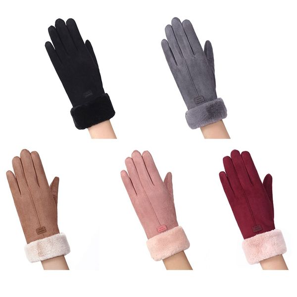 

new winter female warm suede mittens double thick plush wrist women touch screen driving gloves, Blue;gray