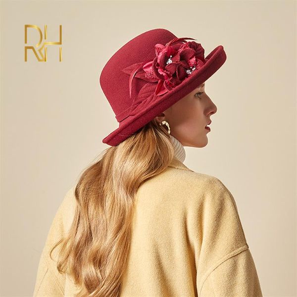 

vintage black wool cloche hats wide brim fedora hat for women flower red brown felt winter bowler cap chapeau feutre femme rh, Blue;gray