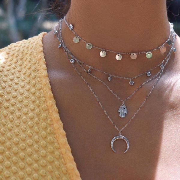 

vintage silver color tassel sequin rhinestone choker for women hamsa hand moon pendant necklace 2020 fashion multi-layer collar