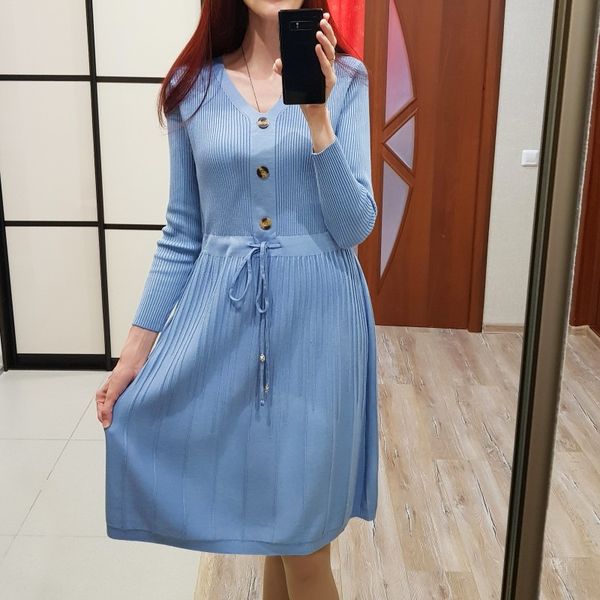 

gigogou style women sweater dress single breasted v neck long knit a line dress winter drawstring long pleated midi dresses, Black;gray