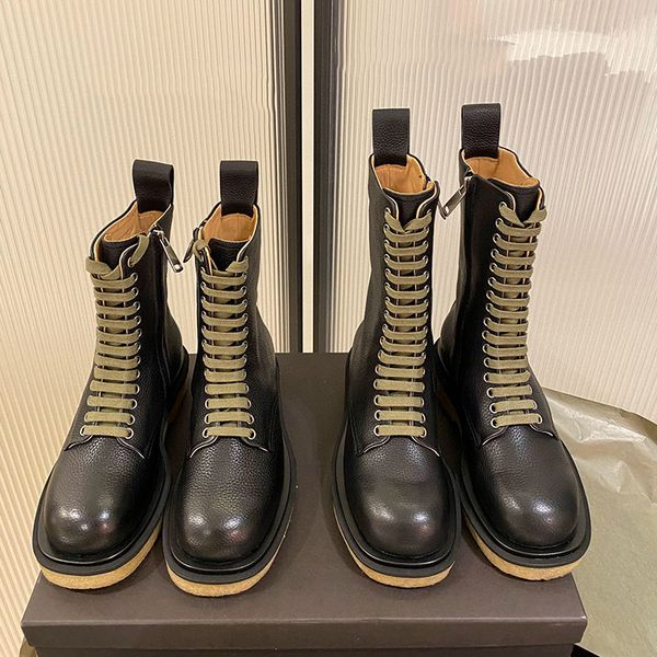 

inner heightening shoes solid color lace-up mid-calf genuine leather motorcycle boots high martin boots women shoes wholesale lot, Black