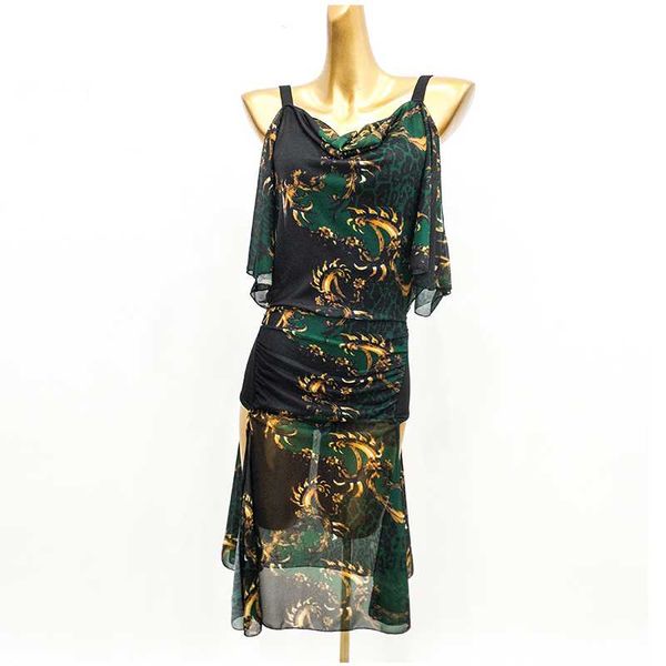 

stage wear latin performance dance dress print suspender chiffon practice clothes green flowing, Black;red