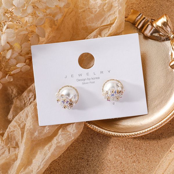 

stud geometric round simulated pearl set with fresh leaf flower and rhinestone earrings for girl oorbellen accessories, Golden;silver