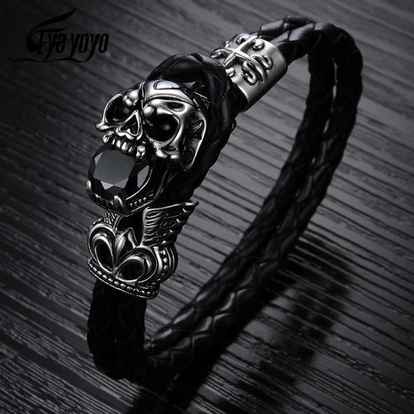 

charm bracelets eyeyoyo 2021 men vintage jewelry steampunk skull leather bracelet rock hand woven bangle fashion 20/21.5cm black, Golden;silver