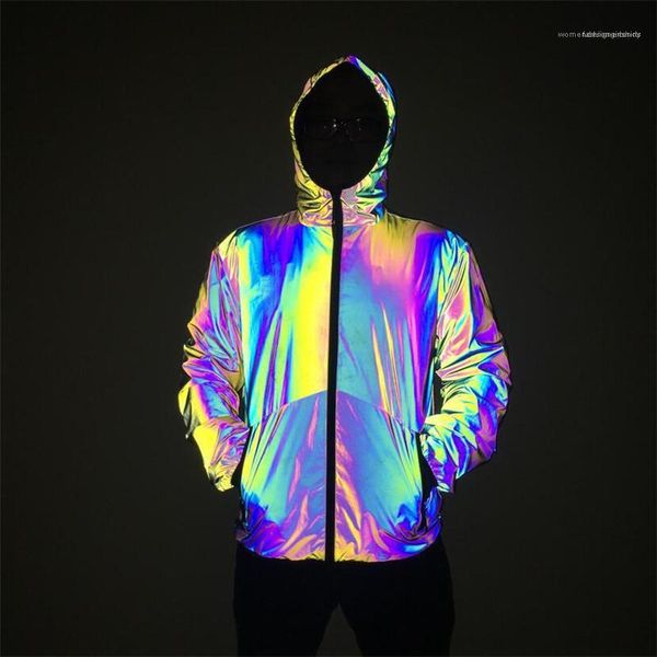 

цвет zipper hooded хип-хоп стиль пальто повседневный мужская одежда осень зима mens ночь красочный reflective с капюшоном куртки градиент, Black;brown