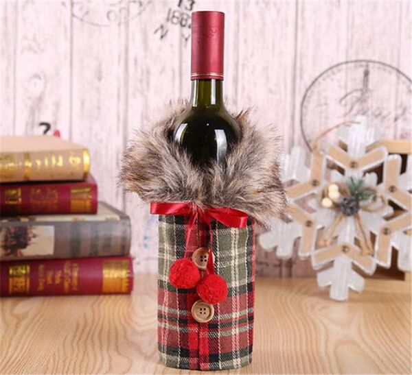 

creative wine bottle cover for christmas drinks with bow plaid linen bottle clothes coat with fur collar xmas decoration ornament ly927