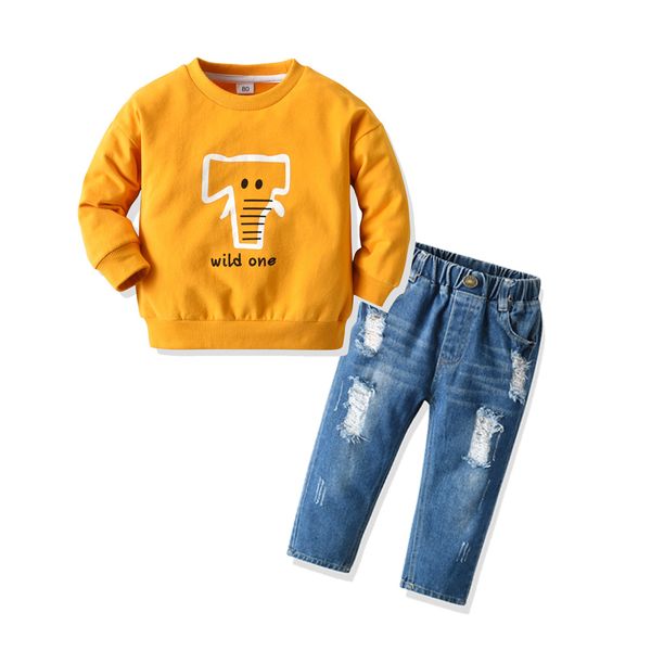 

children's suits childrens sweaters ripped jeans two-piece suits baby outing casual wear toddler boy suitssweater + jeans, White