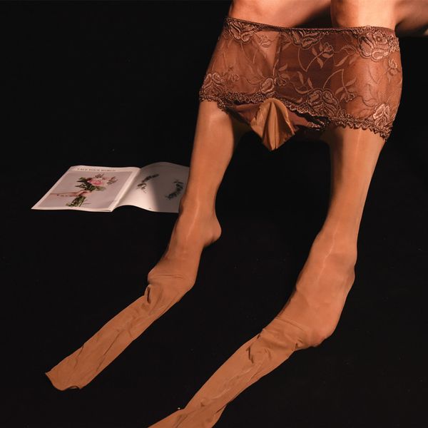 

men 2 in 1 lace underwear stocking plus size u convex pouch stockings cockring open close sleeve gloosy shiny tight 18, Black