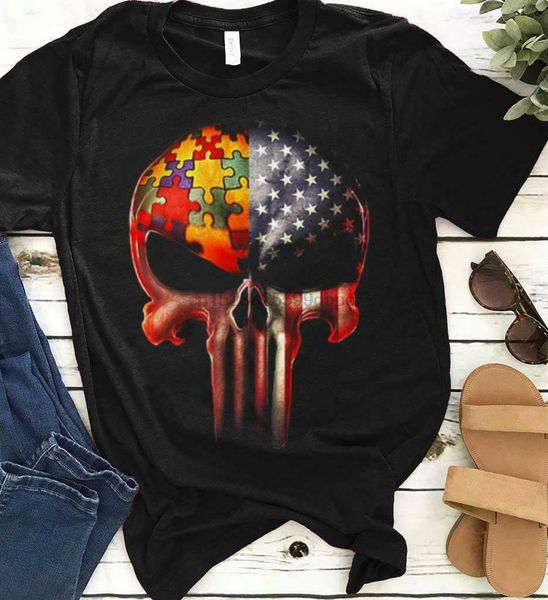 

autism awareness skull puzzle pieces american flag t shirt black size s 3xl