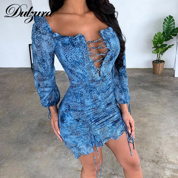 

dulzura leopard ruched ruffle women mini dress puff long sleeve bandage hollow out bodycon party 2020 autumn winter clothes, Black;gray