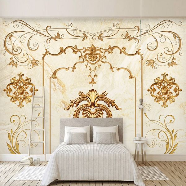 

custom 3d wallpaper golden embossed european style marble flower pattern tv background wall art living room bedroom decor mural