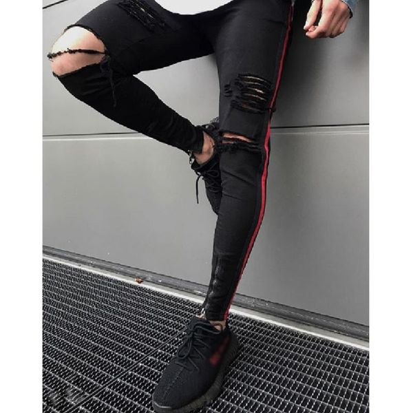 

2020 men's denim pants stretch jeans skinny jeans slim fit straight ripped distressed pleated knee patch, Blue
