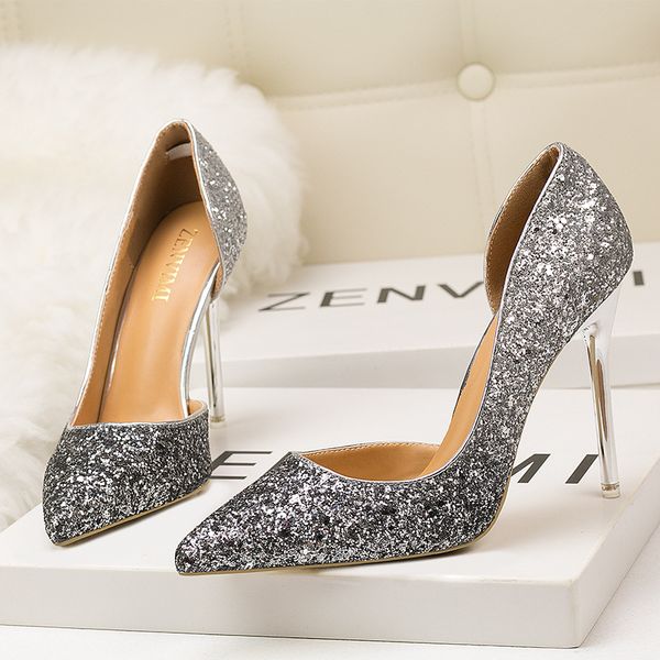 

new 10cm pumps nightclub women's shoes with high heel shallow mouth pointed side hollow sequined single shoes, Black