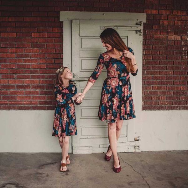

mother daughter dresses autumn winter vintage floral mini dress for mom and daughter family look mommy and me matching outfits, Blue