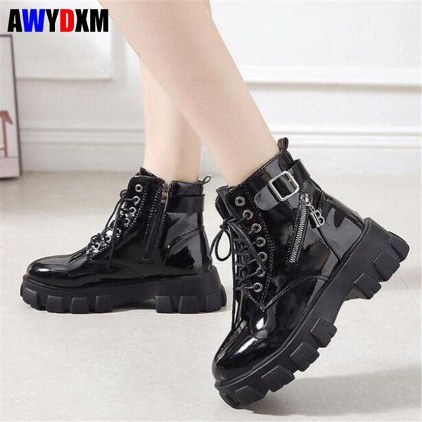 

fashion boots chunky platform boots women patent leather shoe woman punk motorcycle ankle female casual buckle winter shoe, Black