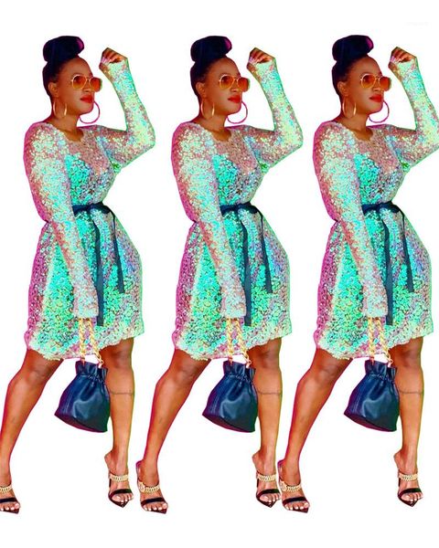 

fashion sequins long sleeve o neck dress with sashes new women designer dress women party club dresses, Black;gray