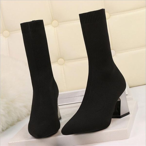 

2020 women stretch boots 7cm 9cm high heels fetish white ankle boots stripper low heels warm plush autumn winter chunky shoes, Black