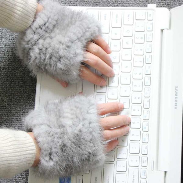 

five fingers gloves luxury women winter real glove female soft european mittens genuine half palm fur, Blue;gray