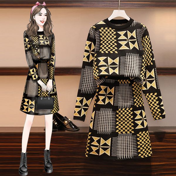 

jsxdhk women sweater 2 piece set autumn winter geometry print pattern knitted + a line skirts suit plus size, Gray