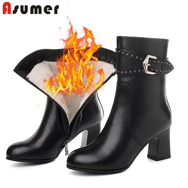 

asumer 2020 ankle boots women genuine leather high heels shoes buckle rivet thick fur warm winter boots woman, Black