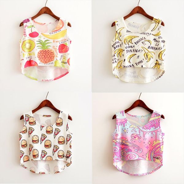 

летняя мода женщины без рукавов футболки crop top красочных полных печати повседневных женщины короткого обрезанные топы жилет топы, White