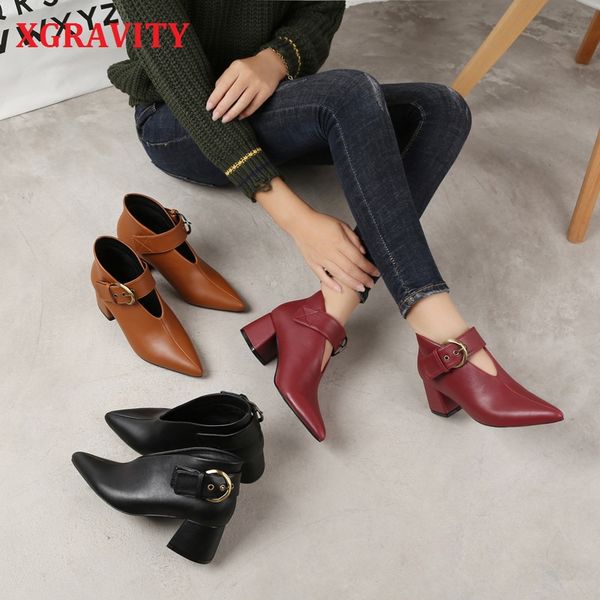 

xgravity new spring v cut high heel boots elegant snakeskin women high heeled ladies chunky heel ankle boots female shoes, Black