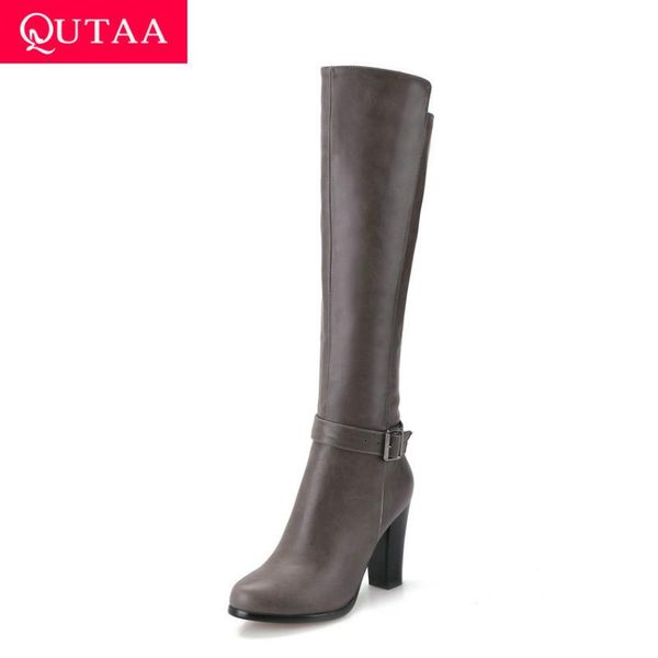 

qutaa 2021 buckle zipper over the knee boots winter square high heel fashion women shoes pu round toe ladies pumps size 34-43, Black