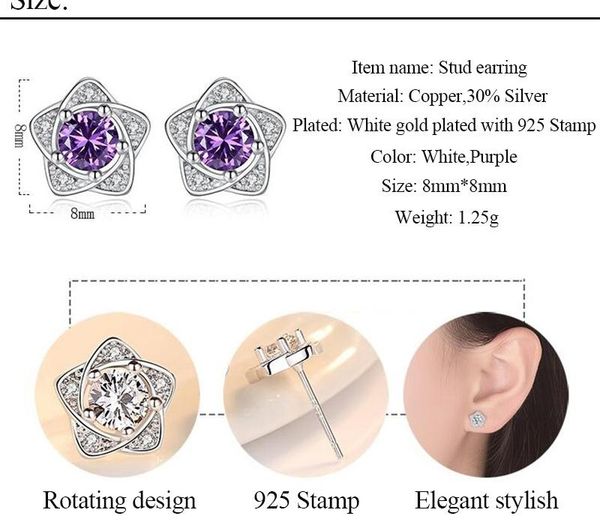 

new arrival small white purple crystal earrings for girl elegant pentagram cz zircon earrings wedding party women jewelry11, Golden;silver