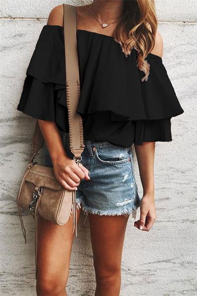 

shoulder fashion ruffled sleeve loose famale solid color shirt womens summer casual chiffon shirt single, White