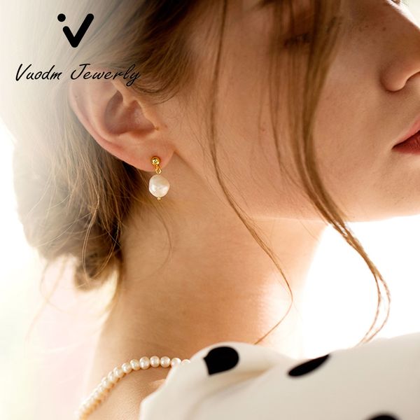 

stud 100% natural baroque pearl earring gold plated stud earring classic style earrings women fashion jewelry, Golden;silver