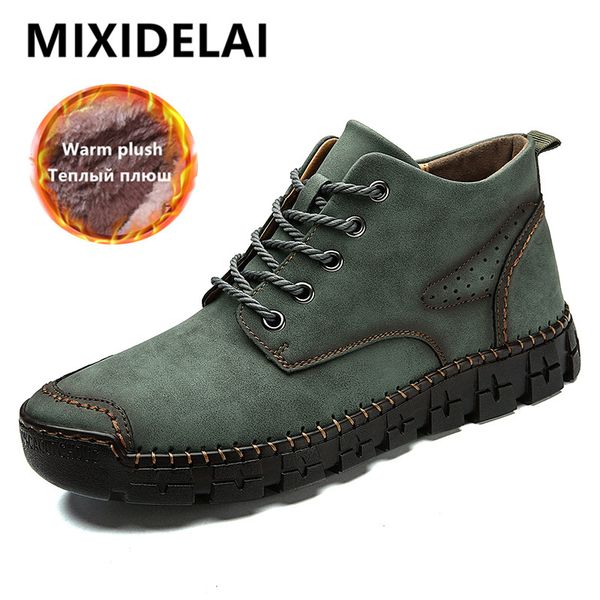 

2020 men's winter boots handmade leather men's ankle boots plush warm snow outdoor cold protection winter men, Black