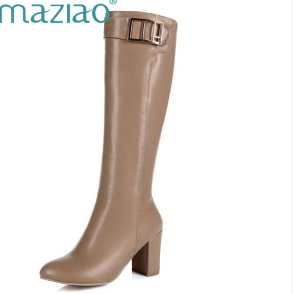 

maziao big size 34-43 ladies knee high boots thick high heels shoes woman winter boots zipper buckle strap footwear platform, Black