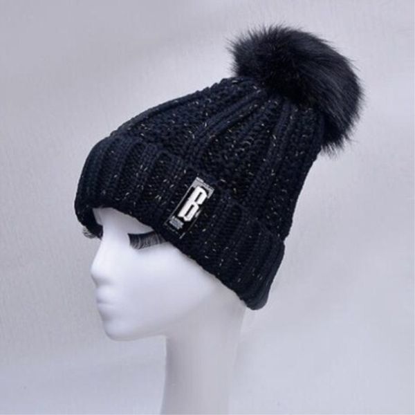 

beanie/skull caps seioum fashion b letters knitted hat women brand winter ball ski fur pompoms hats gorros, Blue;gray