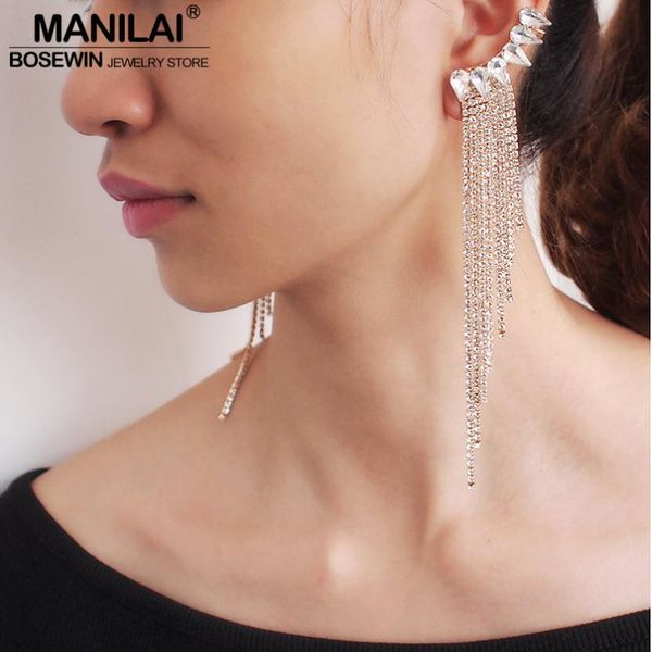 

manilai angel long tassel earrings for women lovely rhinestones ear cuff clip wing dangle earrings bride wedding jewelry, Silver