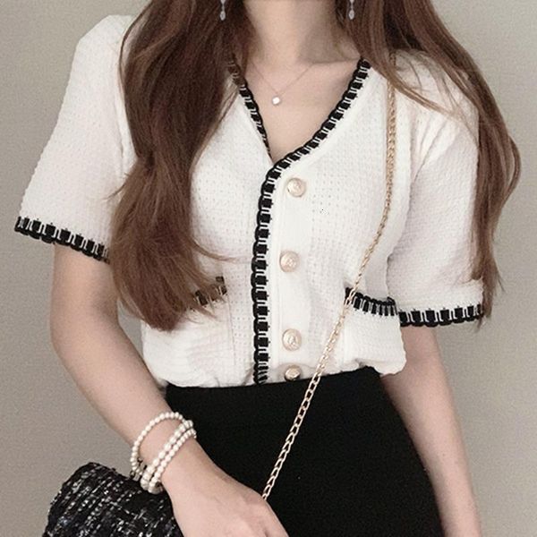 

women cardigan round neck black and white contrast color single-breasted loose short-sleeved sweater women clothes, White;black