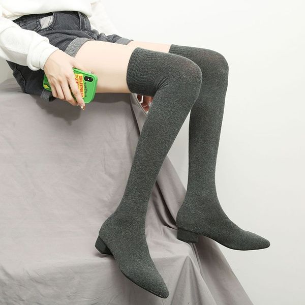 

thick heels socks boots slip on warm over the knee boots women shoes autumn round toe nylon knee high women botas mujer, Black