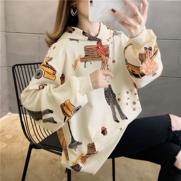 

cartoon print ladies hip hop streetwear loose pullovers spring autumn oversized hoodies women clothes new female sweatshirt, Black
