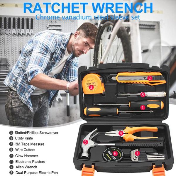 

14 piece hand tool set kit saw screwdriver hammer tape measure wrench plier utility knife with plastic toolbox storage case