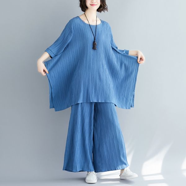 

ewq] 2020 весна лето новые поступления o-образным вырезом пуловер футболка длинные брюки женщины сплошной цвет вскользь нерегулярное set aw, Gray