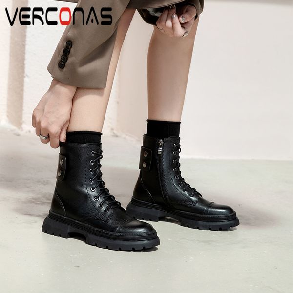 

verconas autumn winter casual women ankle boots genuine leather new cross-tied rivets shoes woman side zipper platforms boots, Black