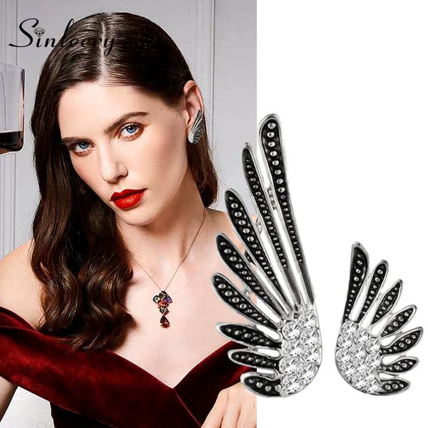 

sinleery retro asymmetry angel wing rhinestone stud earring for women antique silver color jewelry brincos es787 ssh, Golden;silver