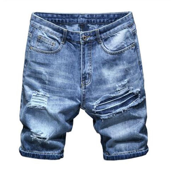 

new men's male fashion casual holes ripped blue denim shorts summer casual slim straight jeans