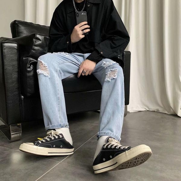 

men's jeans style ripped trendy brand straight loose japanese pants korean version, Blue