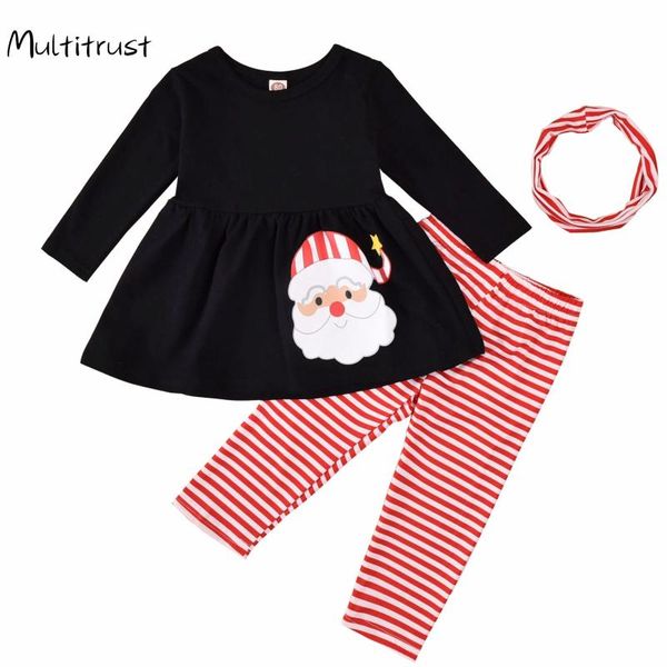 

2021 christmas kids baby girl long sleeve santa claus long skirt striped pant legging scarf 3pcs xmas clothing set, White