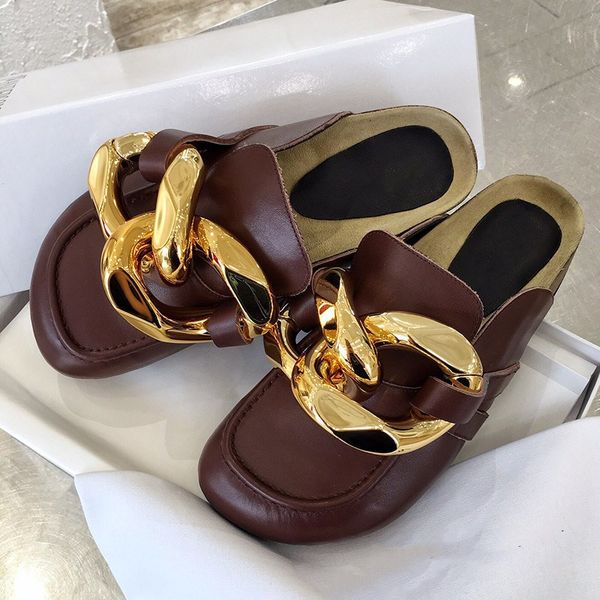 

fashion pattern metal chain decoration square head ladies flat slippers black and white ins wind slippers autumn ladies flat slippers