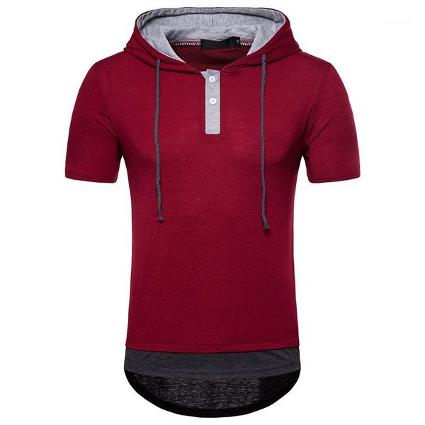 

tshirt button short sleeve slim fit patchwork tees male summer street wear mens drawstring hooded, White;black