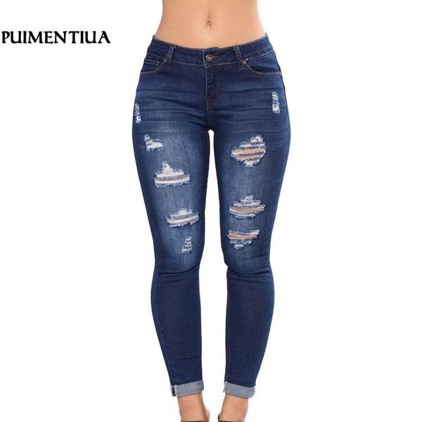 

puimentiua 2020 women high waist casual denim jeansslim plus size ripped hole long jeans denim regular pants women mom jeans, Blue